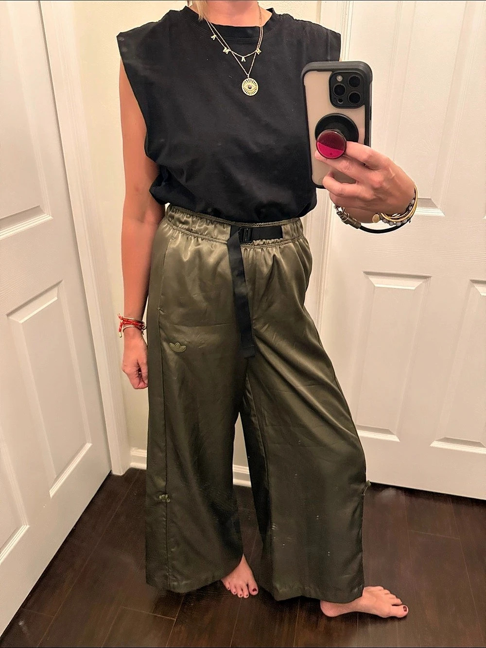Adidas Originals Satin Wide Leg Pant Pants - Olive